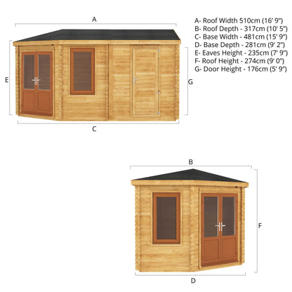 Mercia 5m x 3m Corner Lodge Log Cabin With Side Shed - 44mm (UPVC Windows & Door) - Oak