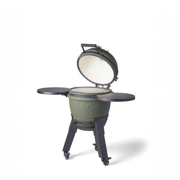 Moddern Kamado Olive Green Aluminum base + Black legs with wheels and side-shelves