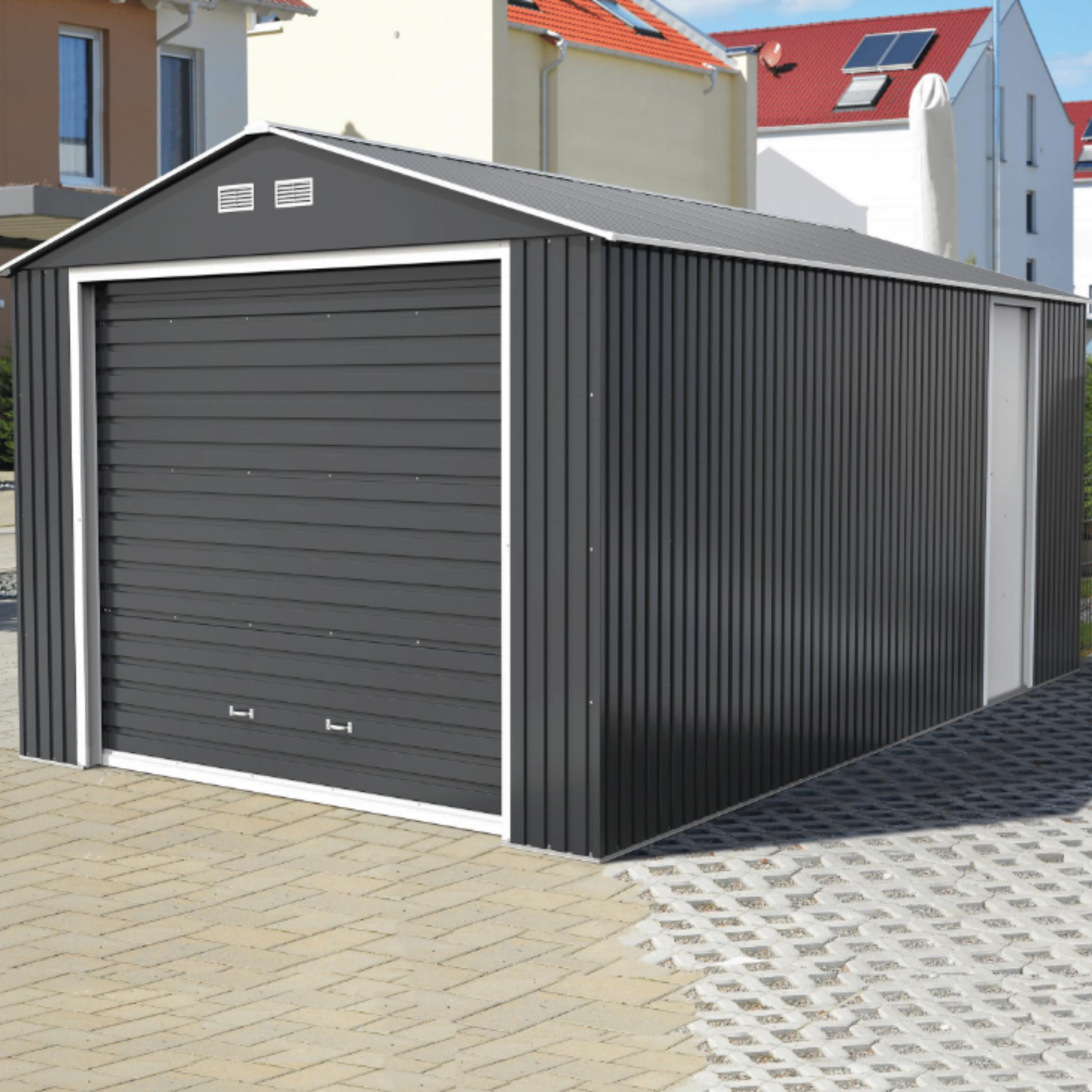 Sapphire 12x38ft Olympian Fronted Apex Metal Garage