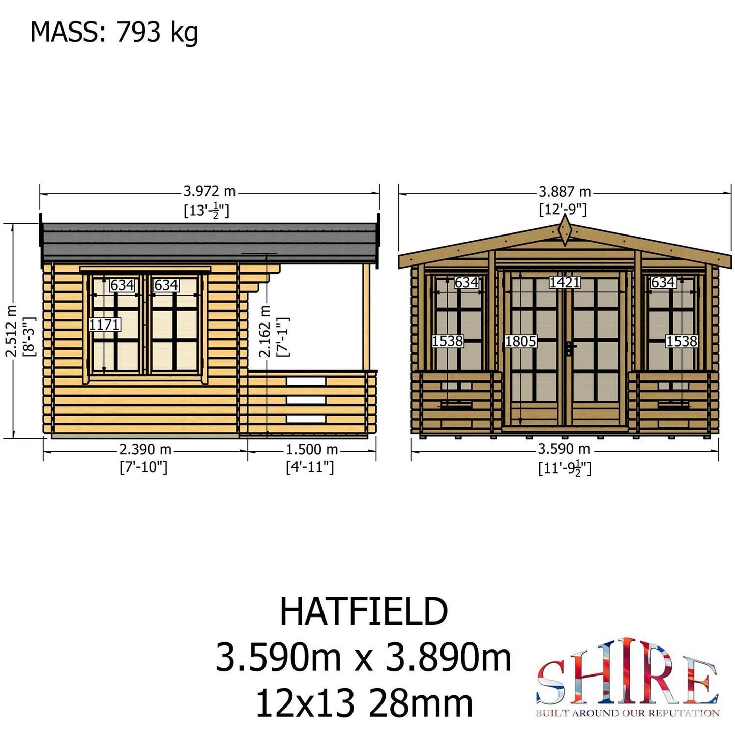 Shire Hatfield 12x13 Log Cabin (34mm - 70mm Logs)